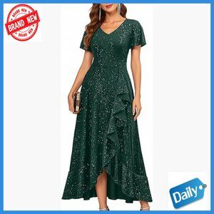 Sequin Flutter Sleeve High Low Maxi Dress Formal Evening Wedding Guest